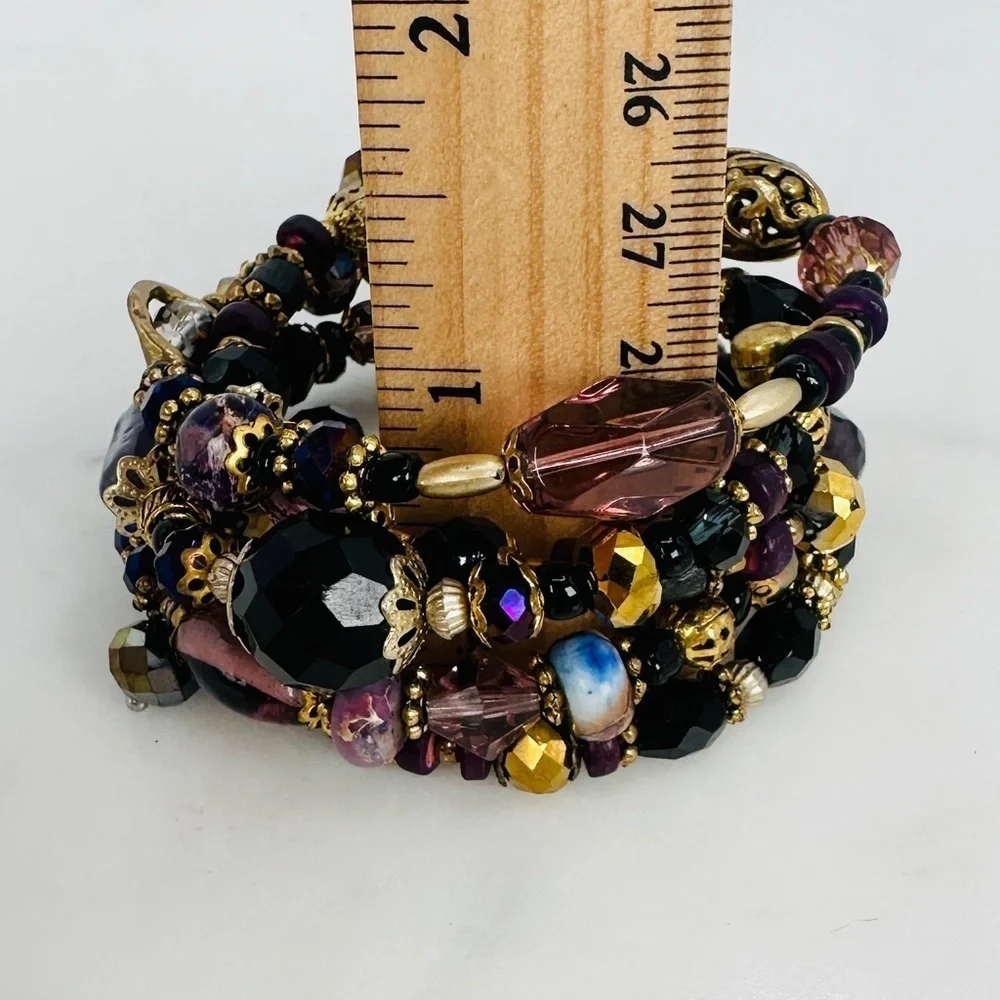 Glass & Stone Wrap Bracelet Faceted Aurora Borealis Beads Purple Black Gold Glam